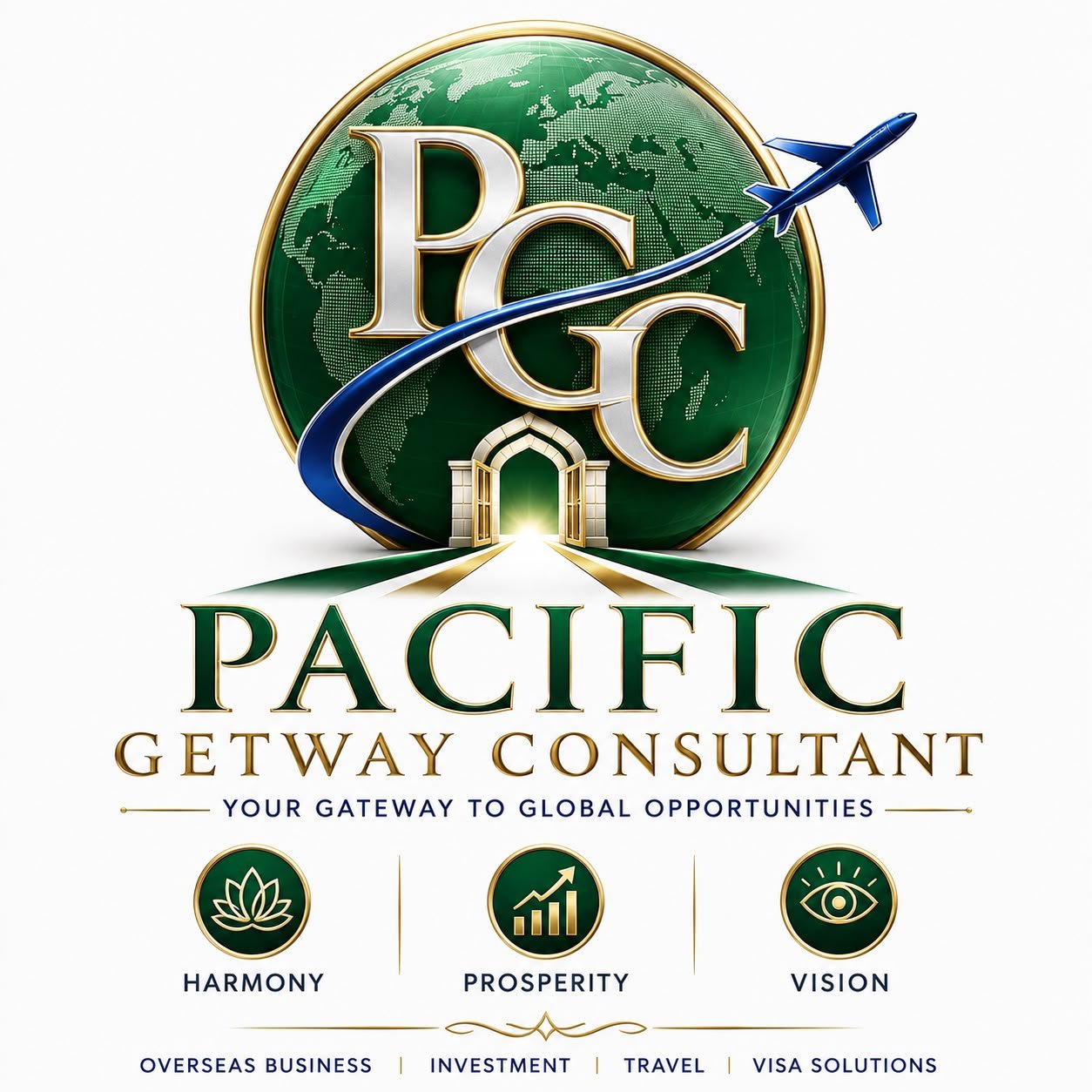 PGC globe with an airplane and golden gateway